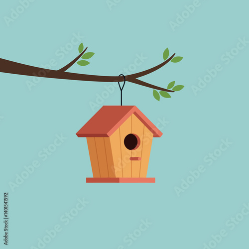 Wooden birdhouse hanging from a branch with green leaves in a flat design style vector art