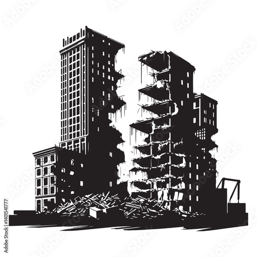 Silhouette Destroyed Building Ruins Vector Graphic Image Architecture