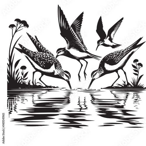 Shorebirds Feeding in Water Vector Graphic Illustration Style