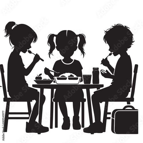 Children Enjoying School Lunch Time Silhouette Vector Illustration