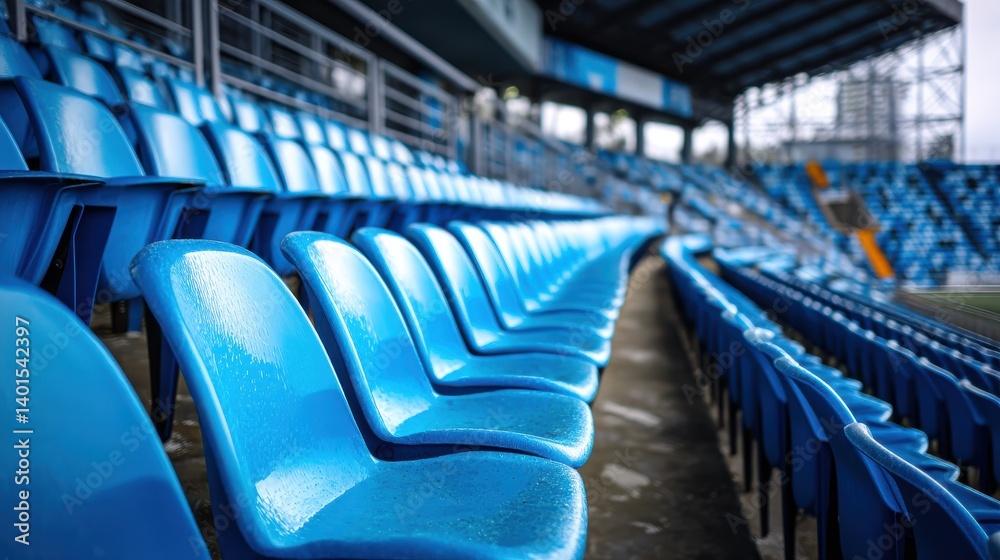 Fototapeta premium Empty blue plastic stadium seats in a sports arena , stadium, seats, bleachers, audience, spectators, sports, event, arena.