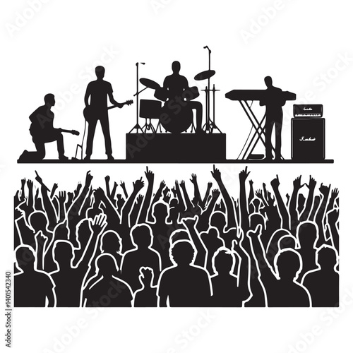Rock Band Silhouette Performing Live Concert with Cheering Crowd