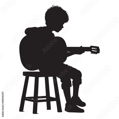 Boy Playing Guitar Silhouette Vector for Musical Passion Designs