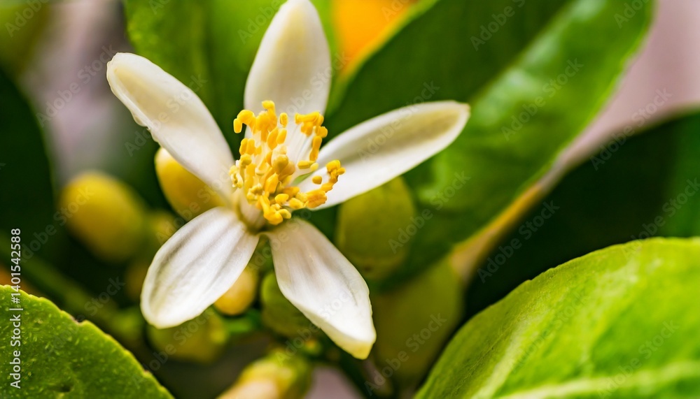 Close-up of a lemon tree in bloom, showcasing the intricate details of blossoms Close-up of a lemon tree in bloom, showcasing the intricate details of blossoms