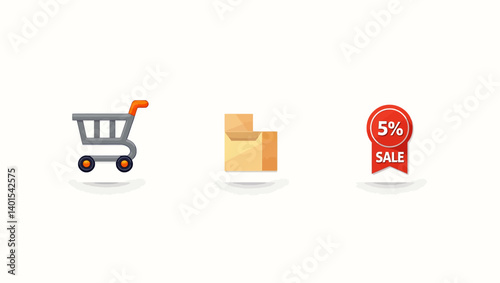 Flat vector shopping concept with cart, delivery boxes, and 5% sale discount badge.