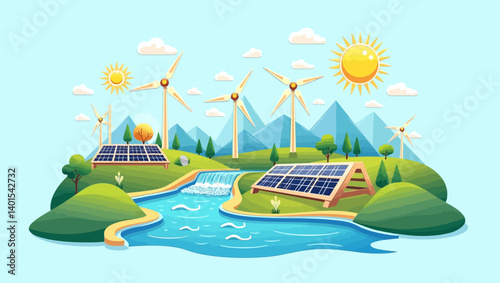 Eco-friendly landscape with solar panels, wind turbines, river, and sunny mountains in vector style.