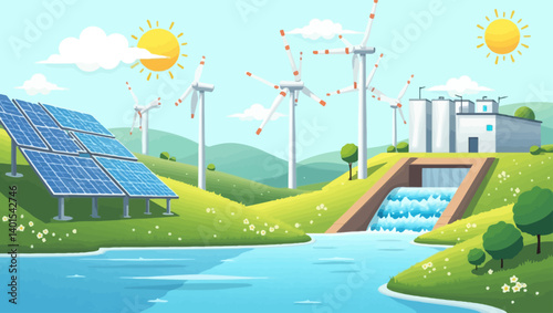 Hydropower plant and solar panel farm with wind turbines in a bright eco landscape.