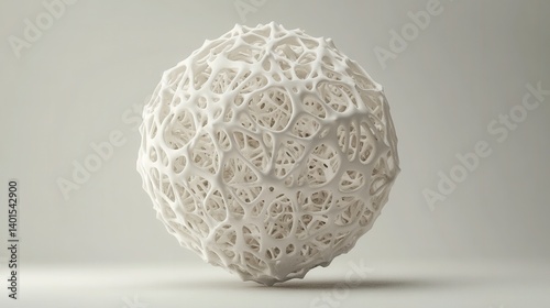 Intricate, porous white orb with a complex network of holes, resembling coral or a delicate cellular structure, softly lit against a neutral backdrop
