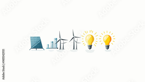 Clean energy flat vector showing solar panels, wind turbines, and light bulbs representing green power.