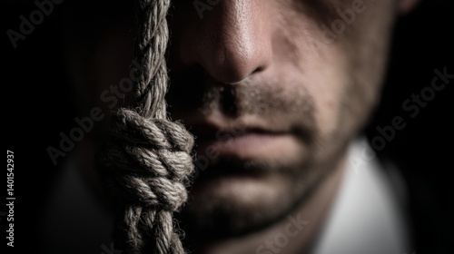 A man in close-up stands before a rope, lost in thought. A man with a face that reflects pain and struggle in a moment of inner conflict.