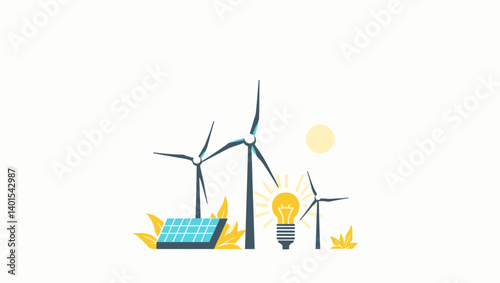 Minimal vector illustration of wind turbines and solar panels generating clean energy under sun.