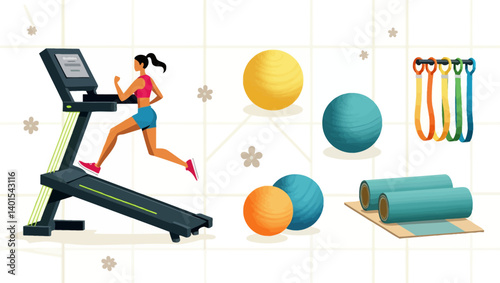Woman running on treadmill with yoga mats, resistance bands, and exercise balls in fitness setup.