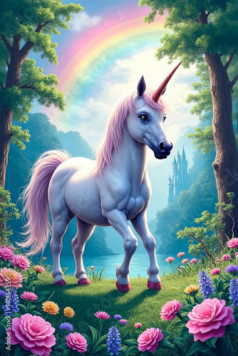 A beautiful unicorn in a magical forest - digital illustration.created with the help of artificial intelligence.