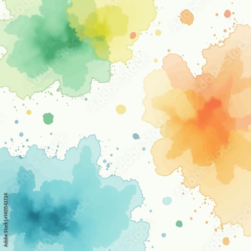 Creative splash watercolor background with artistic blots in orange, blue, and green.