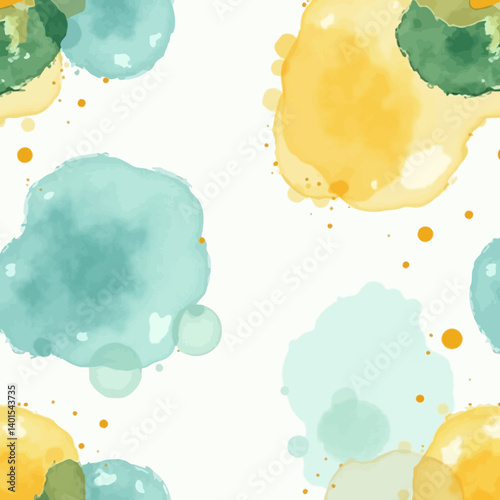 Seamless watercolor abstract pattern with yellow and teal splashes and paint textures.
