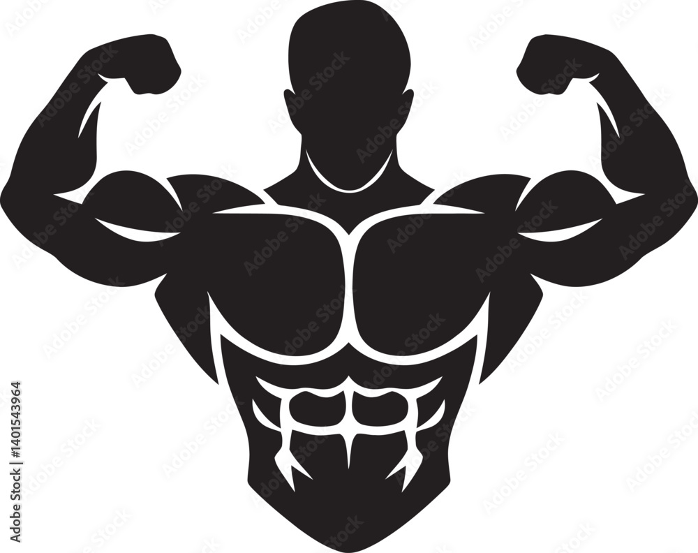 A Bodybuilding Pose Silhouette – Muscular Man Flexing Biceps in Minimal Style, vector illustration of muscle man A Bodybuilding Pose Silhouette – Muscular Man Flexing Biceps in Minimal Style, vector illustration of muscle man