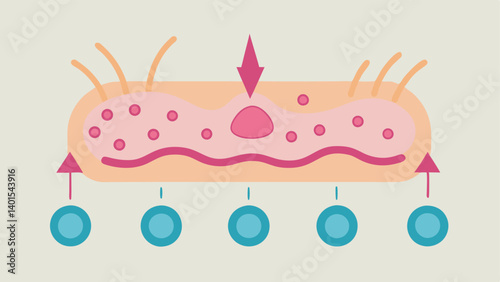 Cell Communication Illustrate a closeup of skin cells with arrows representing communication between exosomes and fibroblasts symbolizing the transfer of regeneration signals.