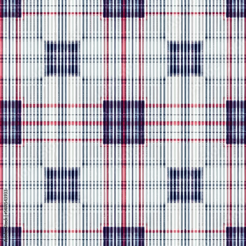 Geometric seamless pattern with plaid and check elements in red, navy and white.