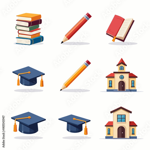 Education icons set with books, pencils, graduation caps, and school buildings.