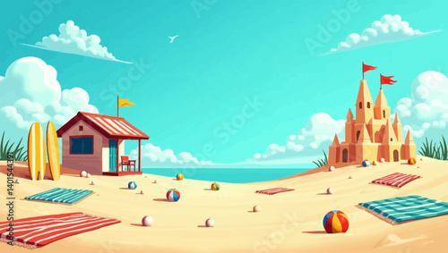 Summer beach scene with sandcastle, surfboards, beach balls, and seaside hut under blue sky
