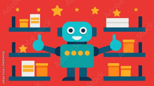 Product Recommendations A robot surrounded by shelves pointedly recommending products based on customer preferences using colorful icons like stars or thumbsup.