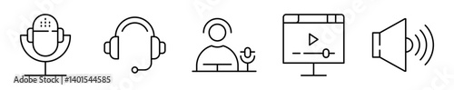 Conjunto de iconos de podcast. Comunicación digital, audio y difusión de contenido. Micrófono, auriculares, locutor en acción, reproducción en pantalla, ondas de sonido. Ilustración vectorial