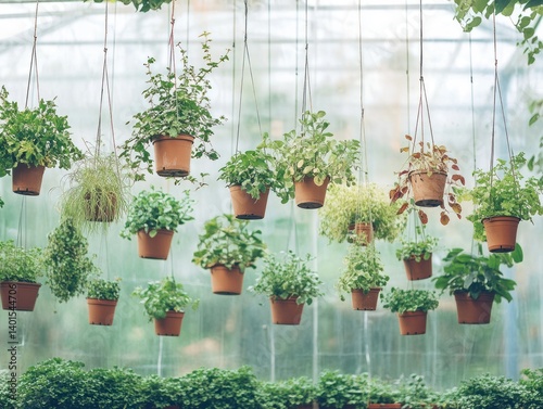 Exotic plants in hanging pots, arranged in a nursery garden under a protective film roof, creating a lush and verdant backdrop
