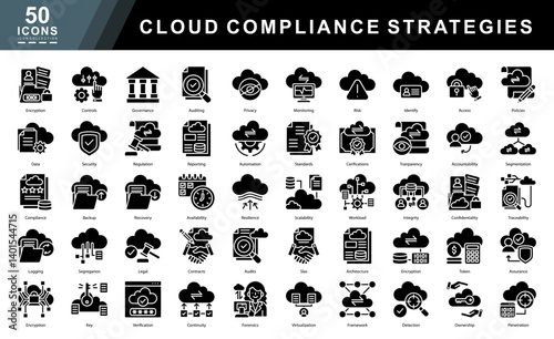 Cloud Compliance Strategies glyph icon set covering encryption, risk, auditing, privacy, access control, and cloud security. Ideal for IT, data protection, and regulatory design projects.