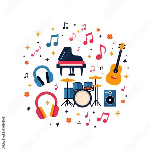 Musical Symphony: A vibrant illustration captures the essence of music, featuring a grand piano, a six-string guitar, drum kit, headphones, speakers, and a flurry of musical notes.