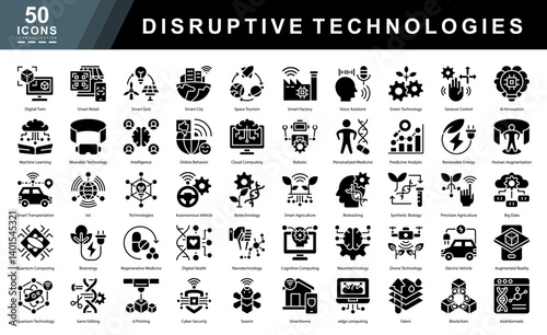 Disruptive Technologies glyph icon set featuring AI, biotech, smart systems, quantum tech, and robotics. Ideal for innovation, future trends, digital transformation, and tech focused visuals.