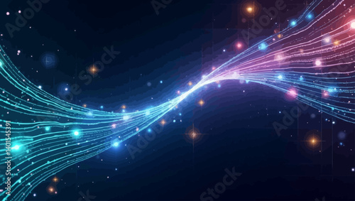 Futuristic glowing fiber optic data stream with vibrant lights and tech background.