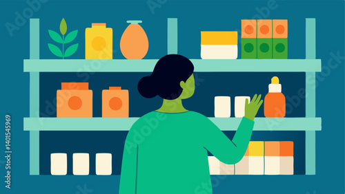 Plantbased Products A person selecting biodegradable plantbased shampoo bars from a vibrant shelf filled with ecoconscious products.