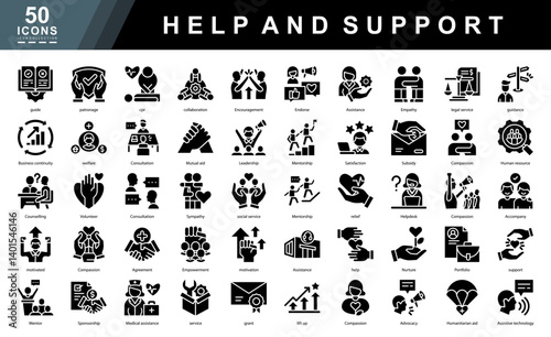 Help and Support glyph icon set focused on empathy, mentorship, assistance, and humanitarian aid. Ideal for nonprofits, customer care, wellness platforms, and community support visuals.