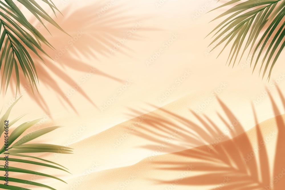 Shadows of Palm Leaves Create Intricate Patterns on Soft Sandy Beach Under Bright Sunlight Shadows of Palm Leaves Create Intricate Patterns on Soft Sandy Beach Under Bright Sunlight