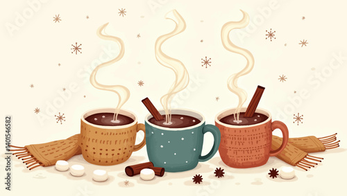 Three hot cocoa mugs with steam, scarves, cinnamon, and marshmallows on a cozy winter backdrop.