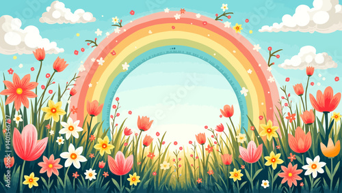 Colorful rainbow arcing over a spring meadow full of tulips, daisies, and bright flowers.