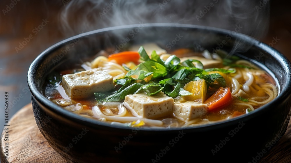 A steaming bowl of tofu noodle soup with vegetables and herbs on a wooden surface close up shot A steaming bowl of tofu noodle soup with vegetables and herbs on a wooden surface close up shot