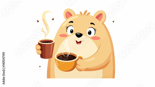 Cute cartoon bear holding two hot coffee cups with steam, ideal for cozy, warm beverage, or friendly moments illustrations.