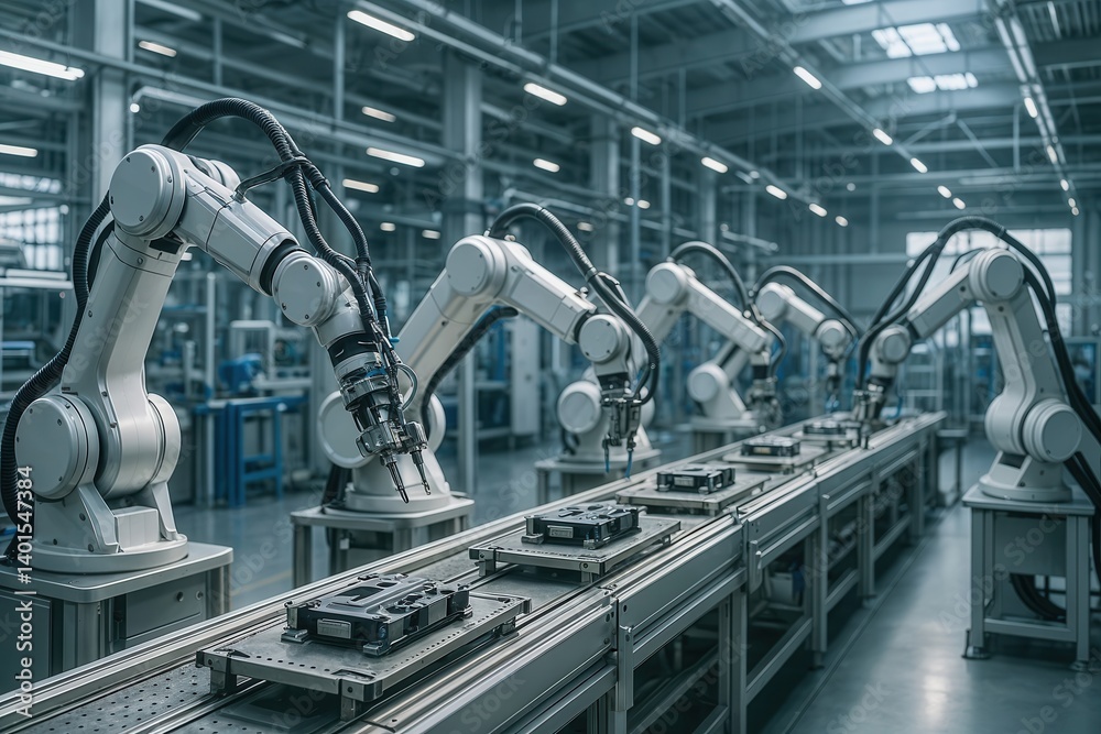 Advanced robotic arms operating automated assembly line inside high tech smart manufacturing factory with modern industrial technology equipment Advanced robotic arms operating automated assembly line inside high tech smart manufacturing factory with modern industrial technology equipment