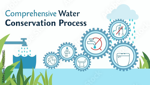  Infographic showing comprehensive water conservation process with gears and icons, great for sustainability and environmental education.