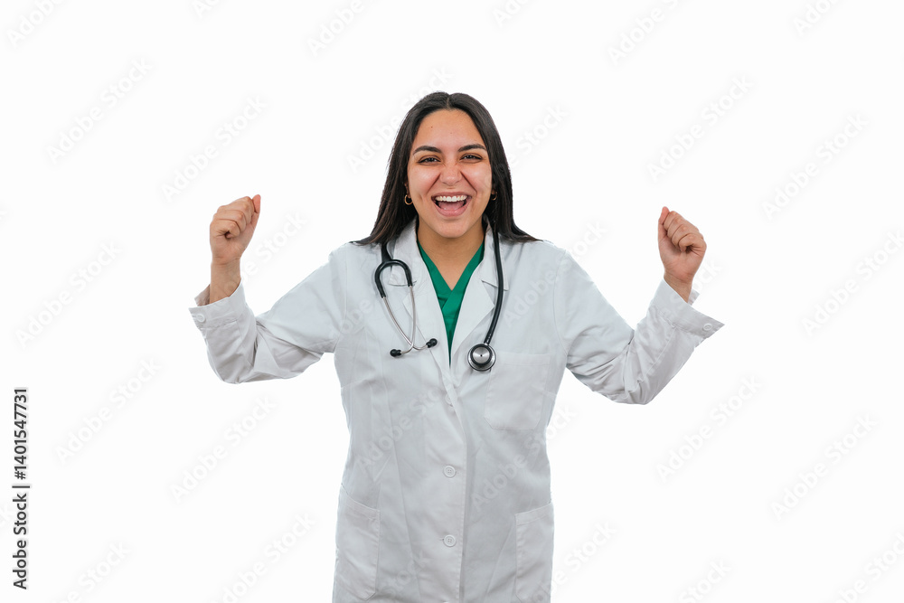 Excited latin doctor celebrating success on white background Excited latin doctor celebrating success on white background