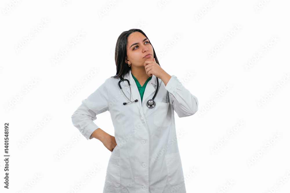 Pensive latin doctor looking up and thinking with hand on chin Pensive latin doctor looking up and thinking with hand on chin