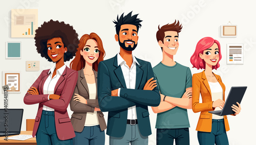 Confident team of five professionals smiling in an office setting, perfect for leadership, teamwork, and corporate culture themes.