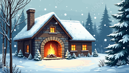 Warm and inviting log house in the snowy woods with glowing lights and fireplace, ideal for Christmas, winter retreat, or cozy season concepts.
