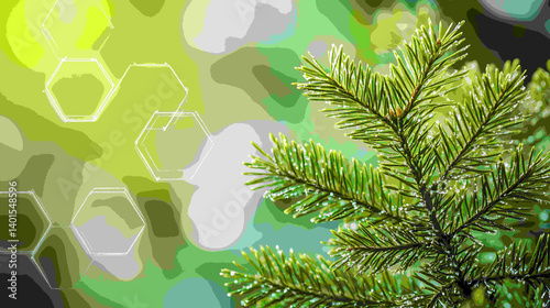 A Christmas tree with snow and bokeh lights in the background, a close-up of green pine branches with small drops of dew in the winter. This design 