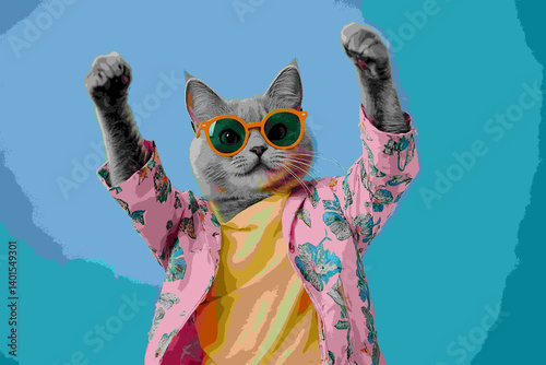 A gray cat in colorful and sunglasses is dancing on a blue background, wearing a yellow t-shirt, a pink jacket with a floral pattern,