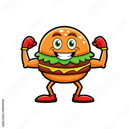 burger mascot logo icon with flexing arms vector illustration