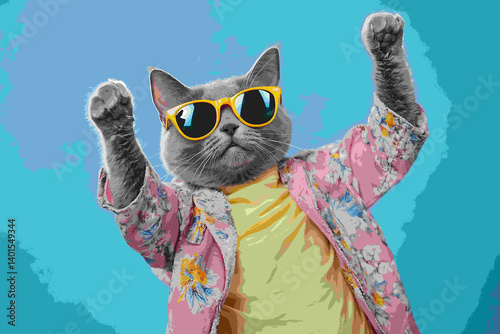 A gray cat in colorful and sunglasses is dancing on a blue background, wearing a yellow t-shirt, a pink jacket with a floral pattern,