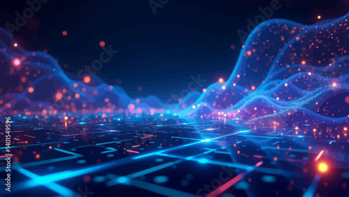 Abstract neon light waves and glowing particles hovering over a digital grid in a futuristic environment.