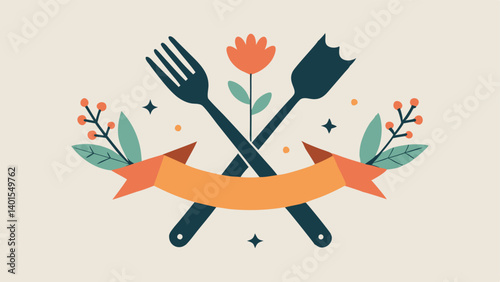 Joyous Embrace The fork and s are illustrated midhug with the forks tines gently wrapped around the ss handle. They are set against the backdrop of a beautifully detailed plate